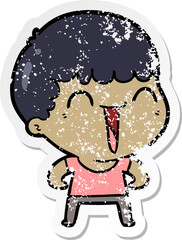 distressed sticker of a cartoon happy man