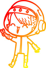 warm gradient line drawing happy cartoon space girl giving peace sign
