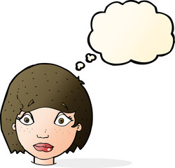 cartoon worried female face with thought bubble