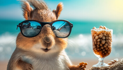 squirrel with a cocktail on the beach. Generative AI