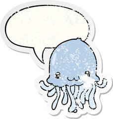 cartoon jellyfish and speech bubble distressed sticker
