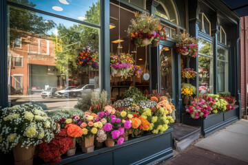 Fototapeta na wymiar Flower shop storefront, with beautiful bouquets of flowers on display in the window