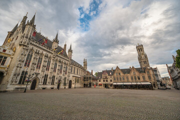 Bruges Belgium, city skyline at Burg Square with Bruges City Hall and Basilica of the Holy Blood