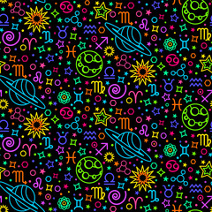 Naklejka premium Astrological zodiac signs neon seamless pattern with main icons planets and symbols of natural elements. Ornament for printing on fabric, cover and packaging. Vector isolated on black background