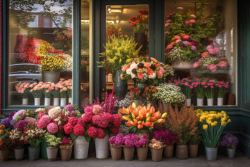 Flower shop storefront, with beautiful bouquets of flowers on display in the window