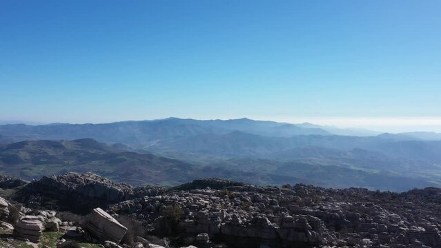Impressive Mountain top rocks in Torcal de Antequera seen from above, aerial drone view of karstik rocks in Spain