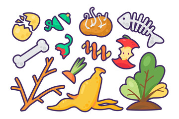 Fototapeta premium Set of organic food waste, meal leftovers. Household waste disposal. Egg shells, vegetable and fruit peelings, meat scraps and bones. Cartoon vector icons in stroke isolated on white background