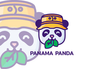 Logo of cute panda in tourist hat chews juicy leaves. Symbol emblem for design decoration, brand name of Travel Company. Vector in thick stroke isolated on white background