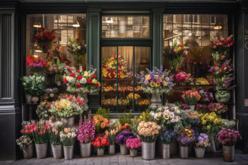 Flower shop storefront, with beautiful bouquets of flowers on display in the window - obrazy, fototapety, plakaty