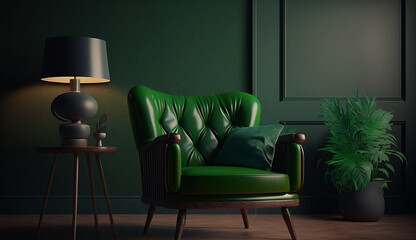 Hyper-realistic living room with green armchair