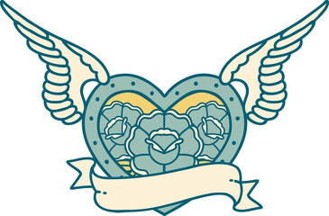 tattoo style icon of a flying heart with flowers and banner