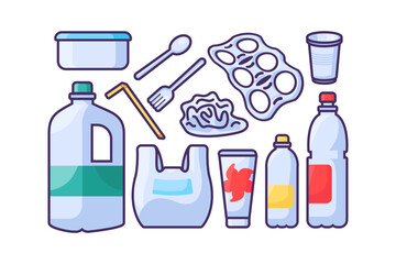 Set of Unwanted Plastic Objects. Items out of use and subject to disposal. Recycling of Plastic and polyethylene industrial products. Simple cartoon outline vector isolated on white background
