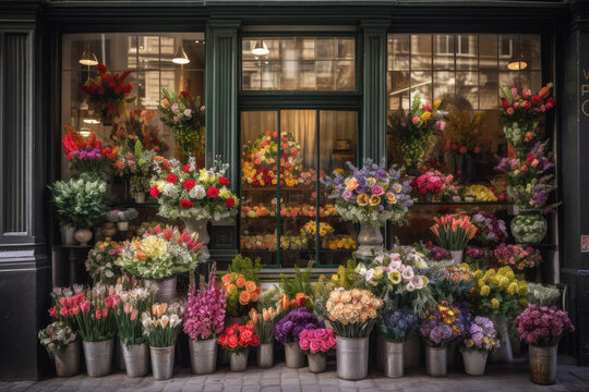 Fototapeta Flower shop storefront, with beautiful bouquets of flowers on display in the window