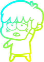 cold gradient line drawing cartoon exhausted boy