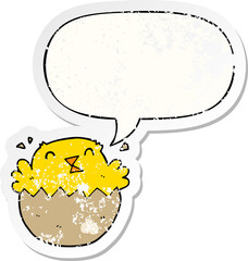 cartoon hatching chick and speech bubble distressed sticker