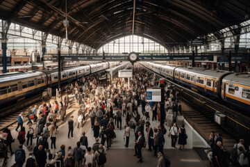 Busy train station, with multiple trains and people rushing to catch their rides