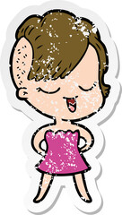 distressed sticker of a happy cartoon girl in cocktail dress