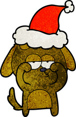 textured cartoon of a tired dog wearing santa hat