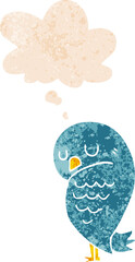 cartoon bird and thought bubble in retro textured style