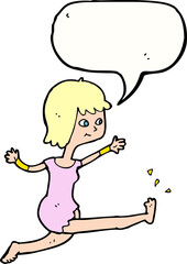 cartoon happy woman kicking with speech bubble