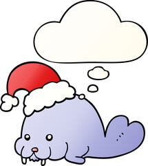 cartoon christmas walrus and thought bubble in smooth gradient style