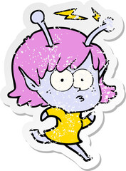 distressed sticker of a cartoon alien girl