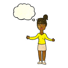 cartoon woman shrugging shoulders with thought bubble