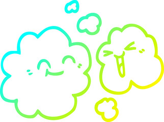 cold gradient line drawing cartoon of happy grey smoke