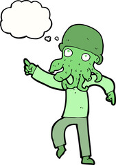 cartoon alien man dancing with thought bubble