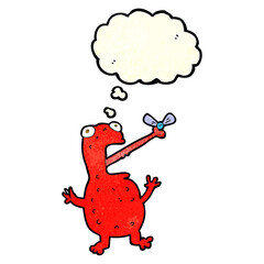 cartoon poisonous frog catching fly with thought bubble