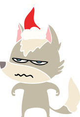 flat color illustration of a annoyed wolf wearing santa hat