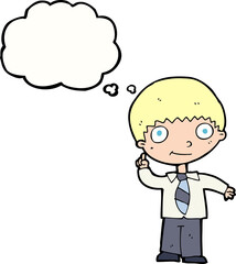 cartoon school boy with idea with thought bubble