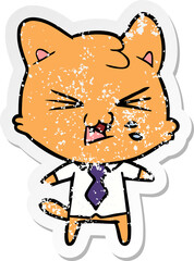 distressed sticker of a cartoon hissing cat