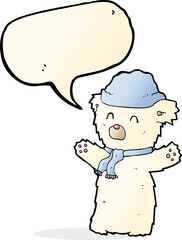 cartoon cute polar bear in hat and scarf with speech bubble