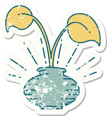 grunge sticker of tattoo style houseplant in vase