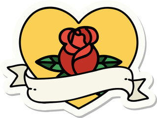 tattoo style sticker of a heart rose and banner