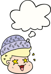 cartoon boy wearing hat and thought bubble