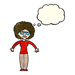 cartoon woman shrugging shoulders with thought bubble