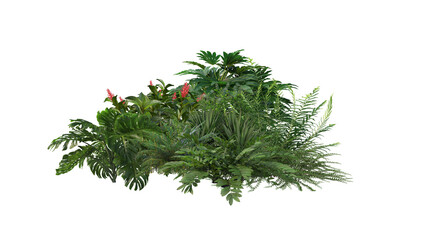 A small garden with many flowers and plants on a transparent background.