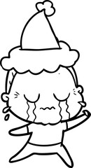 line drawing of a crying old lady wearing santa hat