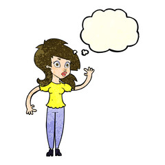 cartoon pretty woman waving with thought bubble