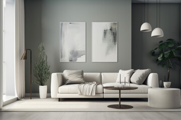 Minimalist living room, with a white sofa, a few abstract paintings, and a potted plant