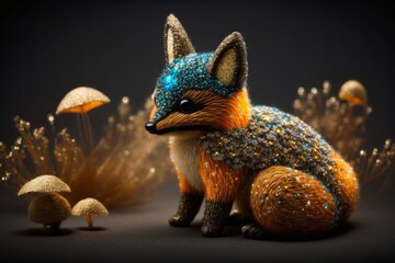 A stuffed plush toy fox in an outfit, a rich robot made of expensive textiles, yarn. Generative artificial intelligence.
