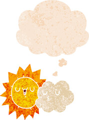 cartoon sun and cloud and thought bubble in retro textured style