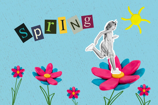Creative photo graphics collage painting of smiling excited little child running jumping spring flowers isolated drawing background