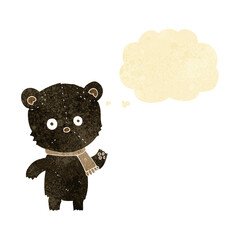 cartoon waving black bear with thought bubble
