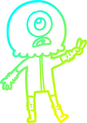 cold gradient line drawing cartoon cyclops alien spaceman giving peace sign