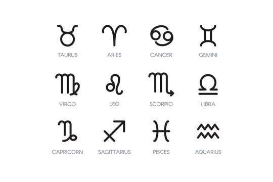 Astrological Zodiac Sign linear style set. Fortune telling, drawing up future astrological forecast. Simple black and white line vector symbols collection isolated on white background