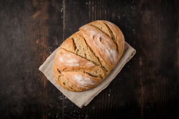 loaf of bread on table, delicious freshly baked bread on kitchen towel on dark brown wooden table