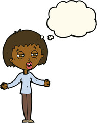 cartoon suspicious woman with thought bubble